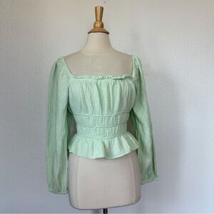 Wild Fable Pastel Green Smocked Square Neck Long Sleeve Blouse